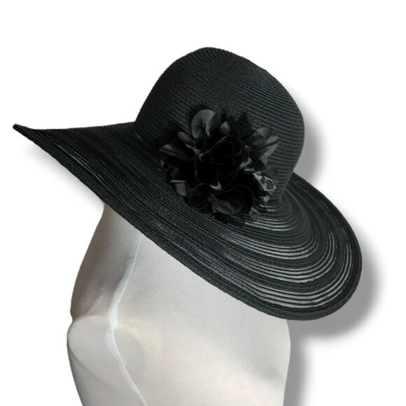 Nine West Floppy Hat Wide Brim  All Season Summer Flower Applique Black OS - Picture 4 of 16